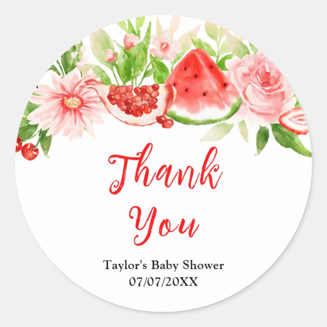Sticker Rond Watermelon Pomegranate Baby Shower Thank You (Devant)