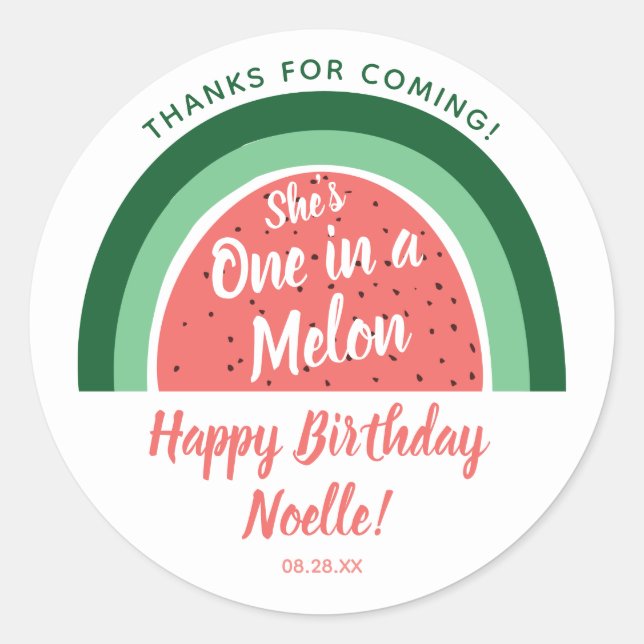 Sticker Rond Watermelon Rainbow, She's One in a Melon, Annivers (Devant)