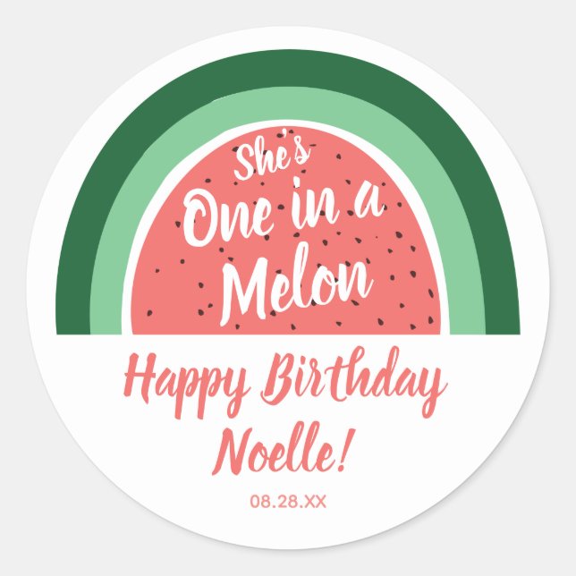 Sticker Rond Watermelon Rainbow, She's One in a Melon, Annivers (Devant)