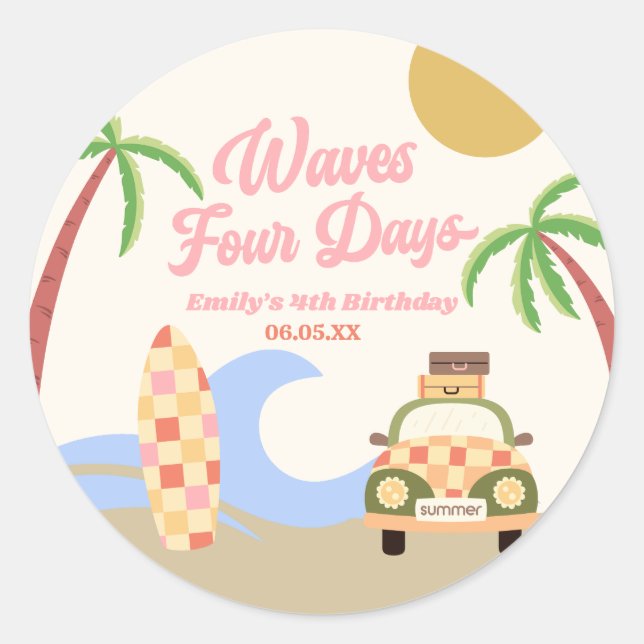 Sticker Rond Wave Four Days Surf Board Rose 4e anniversaire fêt (Devant)