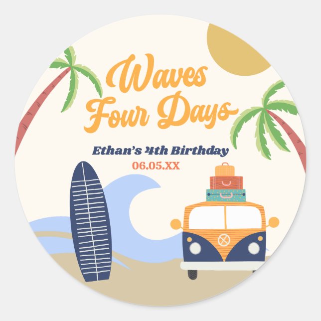 Sticker Rond Waves Four Days Surf Board 4th Birthday Party (Devant)