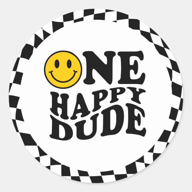 Sticker Rond Wavy À damiers Preppy Smile One Happy Dude (Devant)