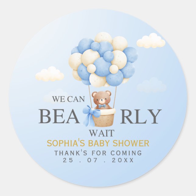 Sticker Rond We can Bearly Wait Cute Bear Baby Shower Boy (Devant)