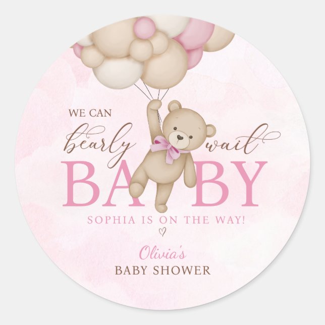 Sticker Rond We Can Bearly Wait Pink Baby Shower (Devant)