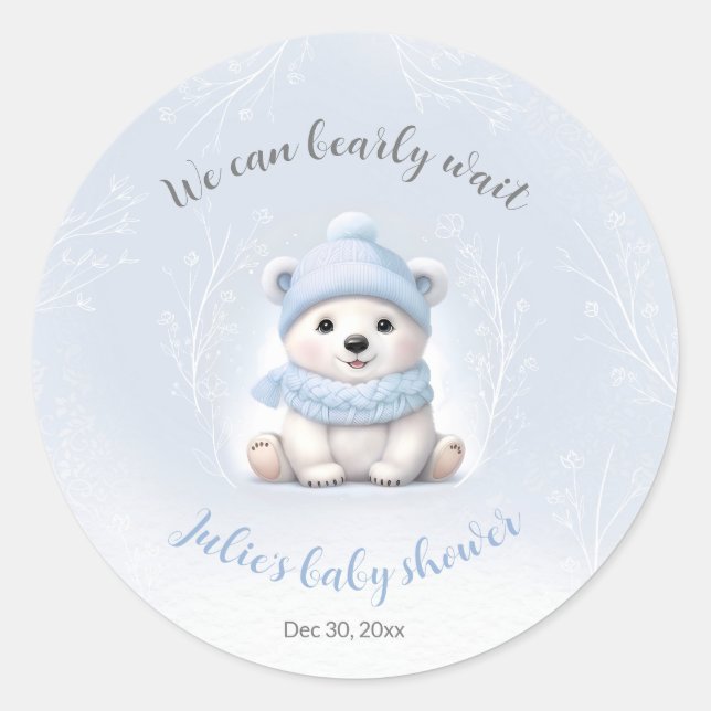 Sticker Rond We Can Bearly Wait Polar Bear Blue Baby Shower (Devant)
