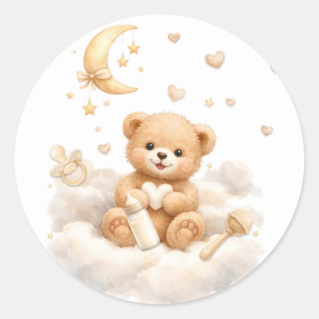 Sticker Rond We can Bearly Wait Teddy Bear Baby Shower (Devant)