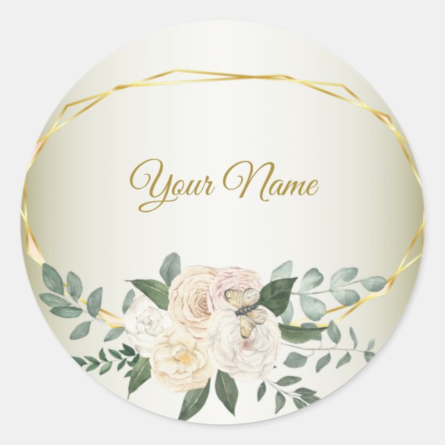 Sticker Rond Wedding Greenery Leaves Pink Floral Gold Geometric (Devant)
