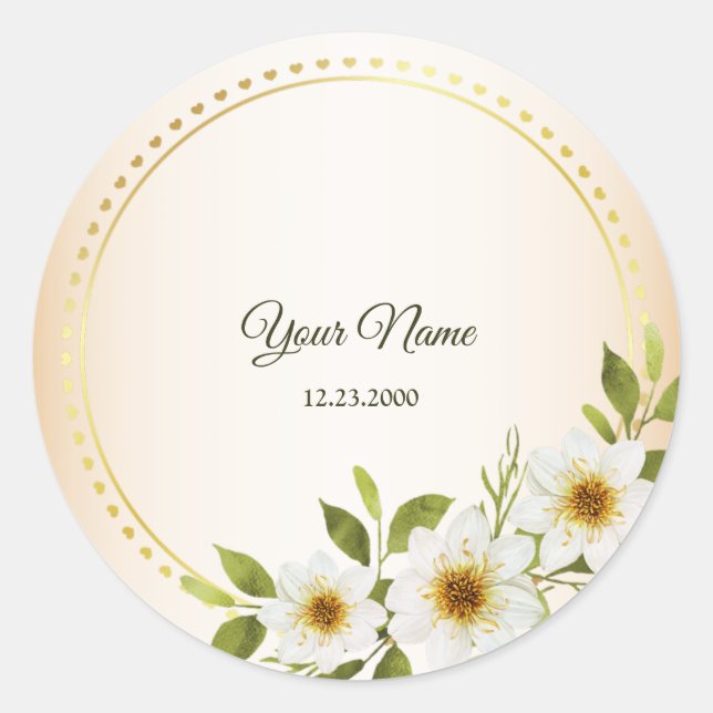 Sticker Rond Wedding Rustic Golden Geometric White Floral Peach (Devant)
