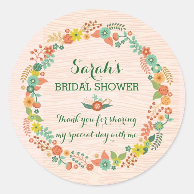 Sticker Rond Wedding shower nuptial rustique Peach Floral Wreat (Devant)