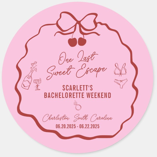 Sticker Rond Week-end de célibataire rose et rouge Cherry (One Last Sweet Escape bachelorette weekend sticker ,favors, gifts, and décor in red and pink)