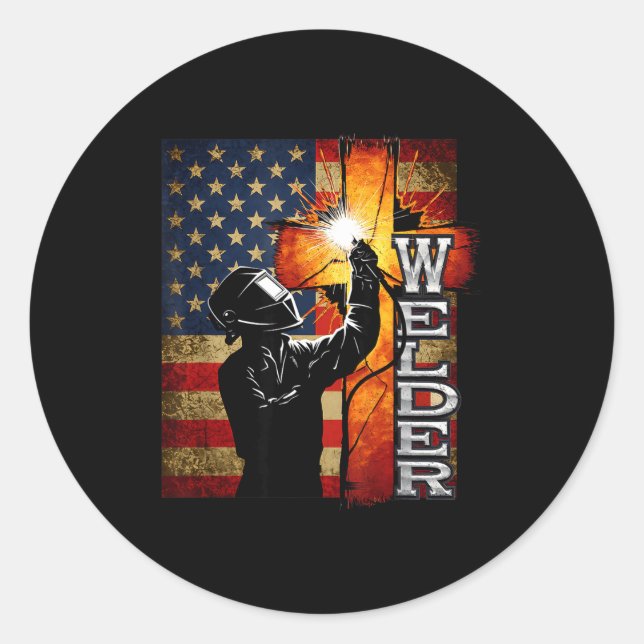 Sticker Rond Welder American Flag Welding Faith Cross Christian (Devant)