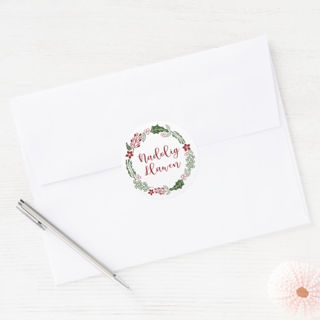 Sticker Rond Welsh Joyeux Noël Wreath, Nadolig Llawen Ornam (Enveloppe)