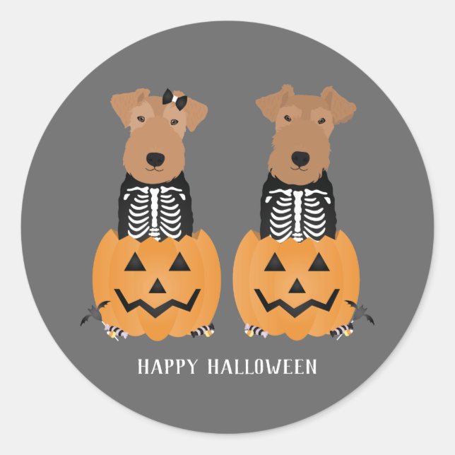 Sticker Rond Welsh Terrier Halloween Skeleton (Devant)