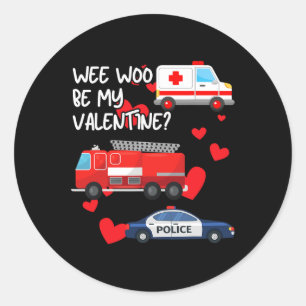 Sticker Rond Weo Be My Valentine Firetruck Ambulance Police