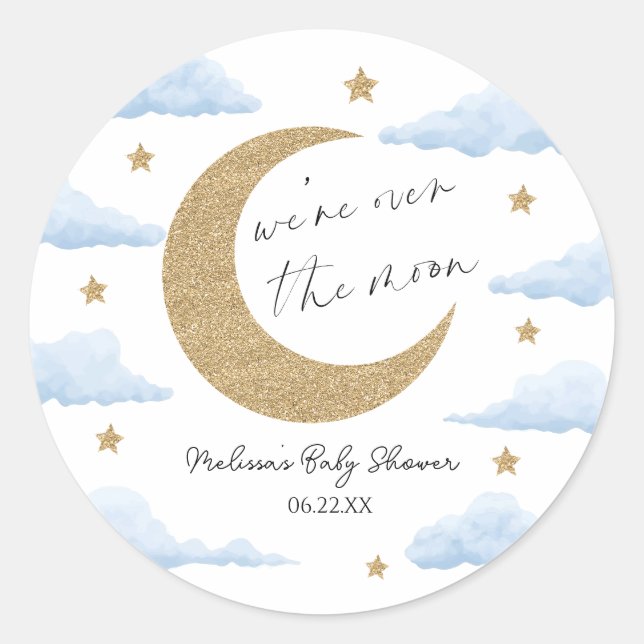 Sticker Rond We're Over The Moon Blue Celestial Baby Shower (Devant)