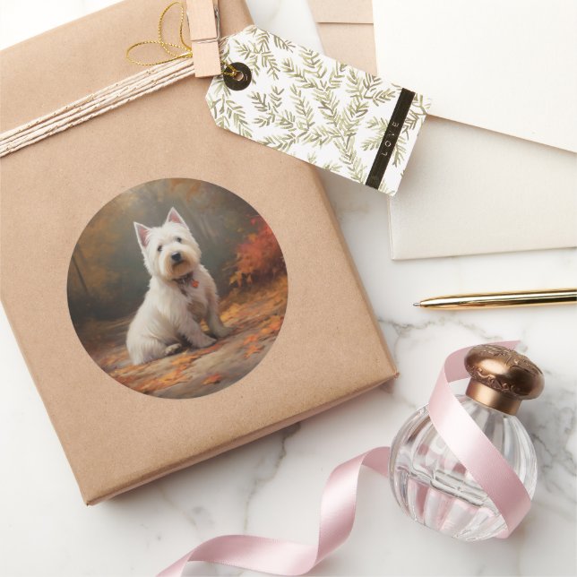 Sticker Rond West Highland White Terrier à l'automne Leaves aut (Cadeaux)