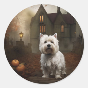 Sticker Rond West Highland White Terrier Halloween effrayant