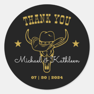Sticker Rond Western Cowboy Bull Skull Mariage campagnard rusti