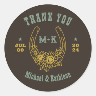 Sticker Rond Western Cowboy Floral Horseshoes Monogram Mariage