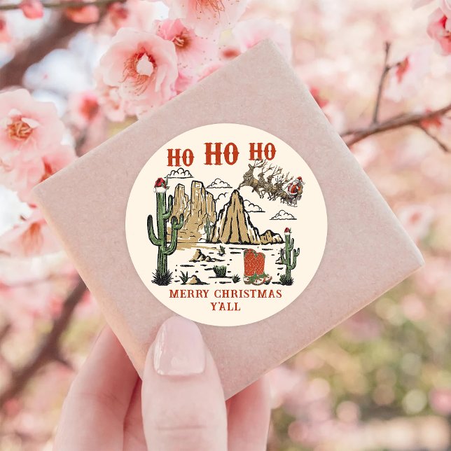 Sticker Rond Western Cowboy Père Noël Joyeux Noël Y'all (Créateur téléchargé)