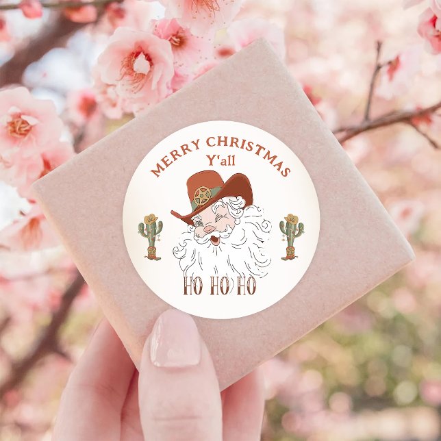 Sticker Rond Western Cowboy Père Noël Joyeux Noël Y'all (Créateur téléchargé)