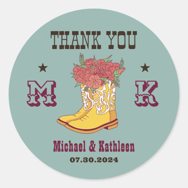 Sticker Rond Western Floral Cowboy Boot Monogramme Rustique Mar (Devant)