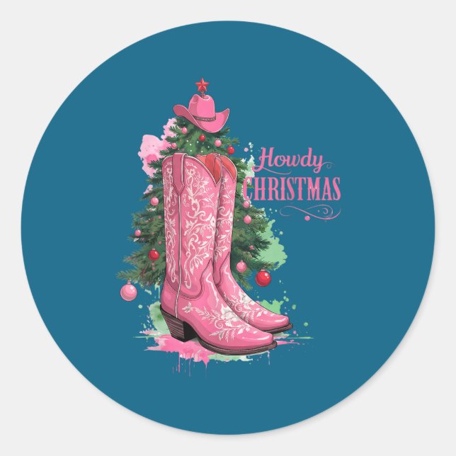 Sticker Rond Western , Howdy Christmas And Tree, Nk Cowboy Boot (Devant)