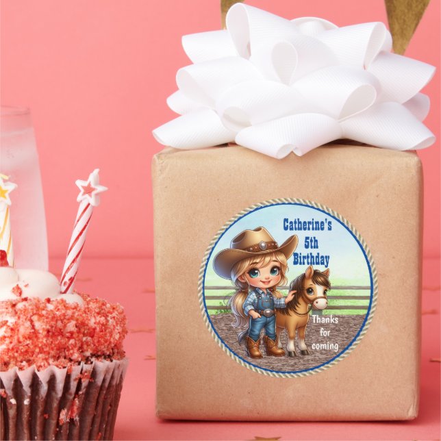 Sticker Rond Western Party Little Cowgirl Avec Cheval Personnal (Fête)