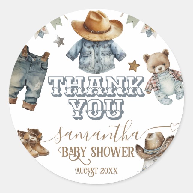 Sticker Rond Western Rustic Boho Little Cowboy Baby shower (Devant)