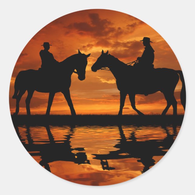 Sticker Rond Western Sunset Horseback équitation silhouette cow (Devant)