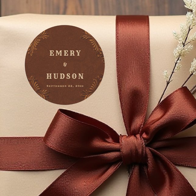 Sticker Rond Western Tooled Rustic Terracotta Cream Wedding (country rustic cowboy wedding sticker faux tooled leather terracotta rust western barn)