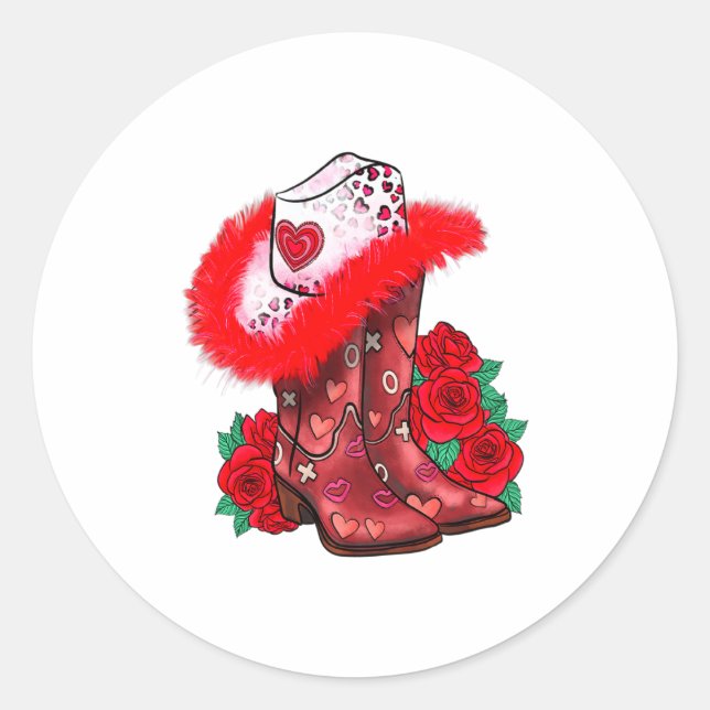Sticker Rond Western Valentines Day Cowgirl Boots Yeehaw Howdy  (Devant)