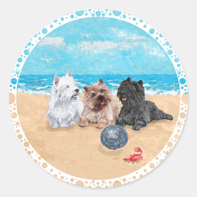 Sticker Rond Westie avec des terriers Cairn à la plage (Devant)
