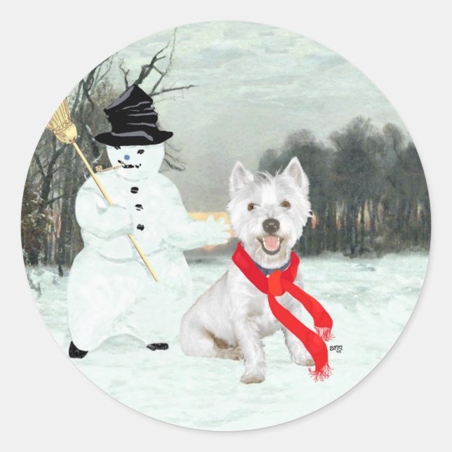 Sticker Rond Westie d'hiver avec un bonhomme de neige (Devant)