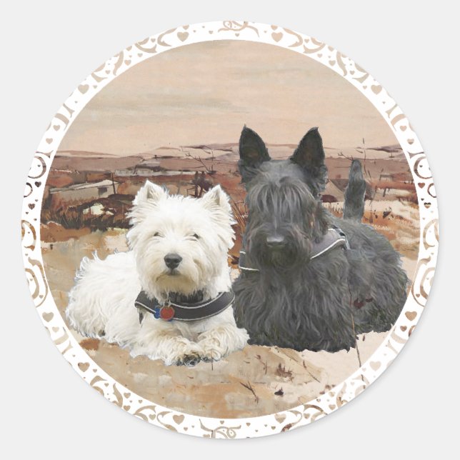 Sticker Rond Westie et Scottie ensemble automne (Devant)