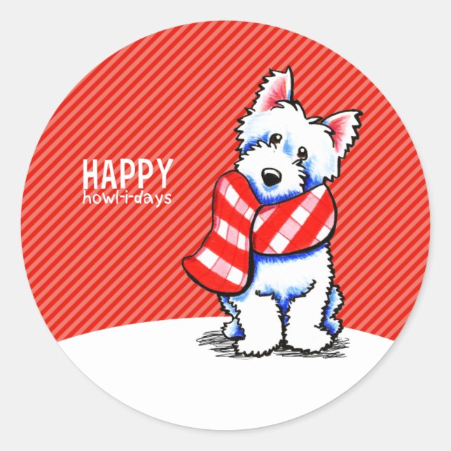 Sticker Rond Westie Plaid Scarf Christmas Joyeux Howl-i-days (Devant)