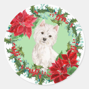 Sticker Rond Westie Poinsettia Holly Holiday Wreath