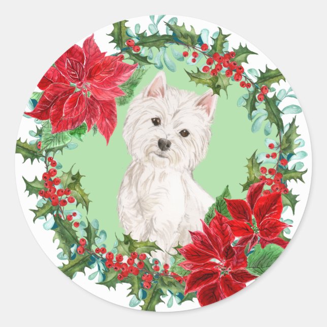 Sticker Rond Westie Poinsettia Holly Holiday Wreath (Devant)