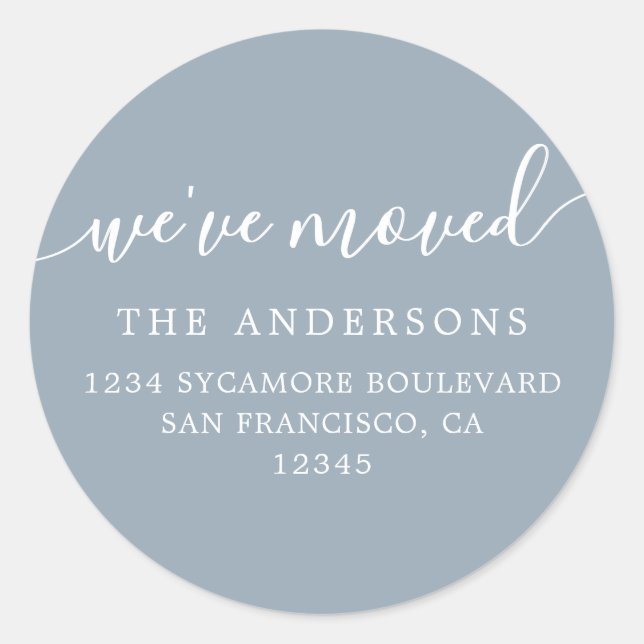Sticker Rond We've Moved Dusty Blue New Address label (Devant)