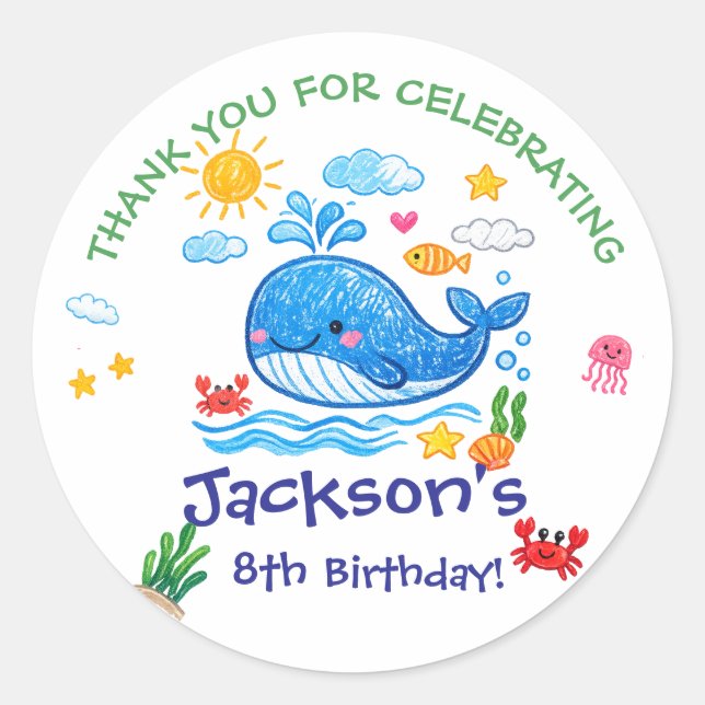 Sticker Rond Whale Theme Summer Kids Birthday Thank you  (Devant)