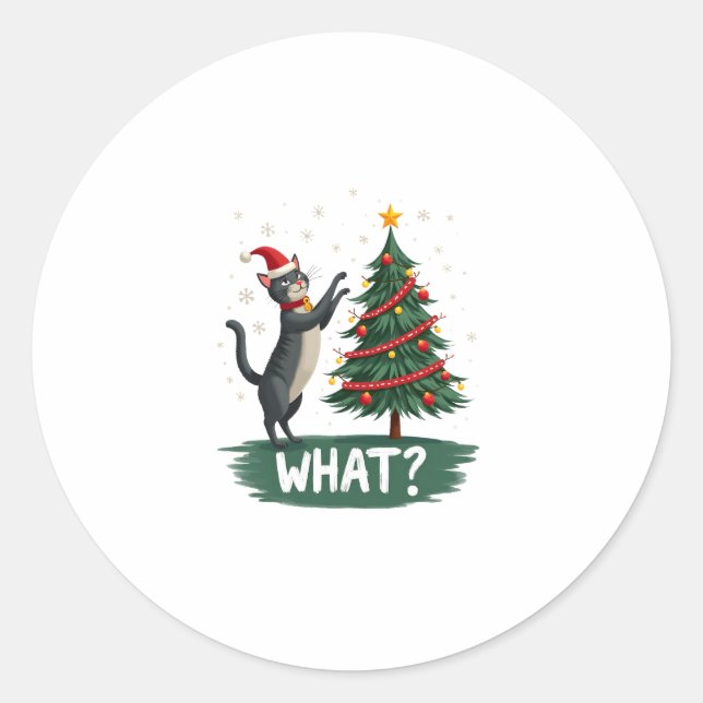 Sticker Rond What Funny Cat Pushing Christmas Tree Over Cat Xma (Devant)