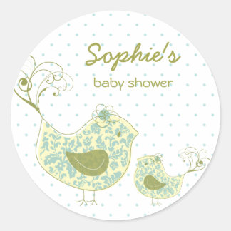 Sticker Rond Whimsical Blue Damask maman Bird & Boy Baby shower