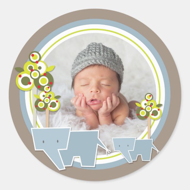 Sticker Rond Whimsical Blue Elephants Famille Baby Boy Photo (Devant)
