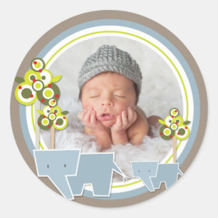 Sticker Rond Whimsical Blue Elephants Famille Baby Boy Photo