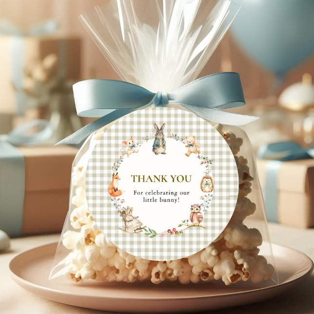 Sticker Rond Whimsical Bunny Gingham Thank You Baby Shower  (Créateur téléchargé)