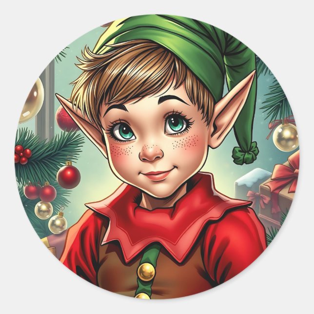 Sticker Rond Whimsical Cartoon Elf | Christmas (Devant)