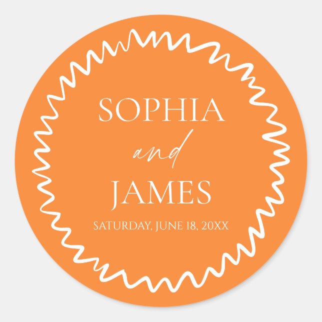 Sticker Rond Whimsical Citrus Orange Wavy Border Wedding (Devant)