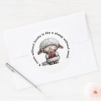 Sticker Rond Whimsical Cute Sheep Reading a Book