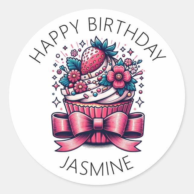 Sticker Rond Whimsical de cupcake de fraise personnalisée (Devant)