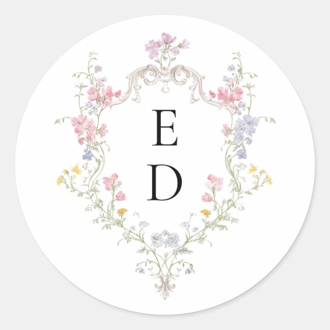 Sticker Rond Whimsical Elegant Rococo Floral Crest Monogram (Devant)